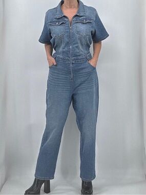 Celebrity Pink Retro 70s Zippered Boiler Suit Denim Overalls Jumpsuit